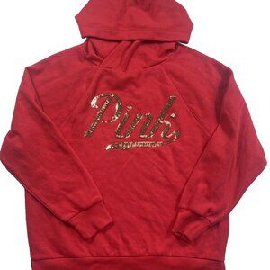 Victoria’s Secret PINK Red Long Sleeve Gold Sequin Hoodie Sweatshirt XS
